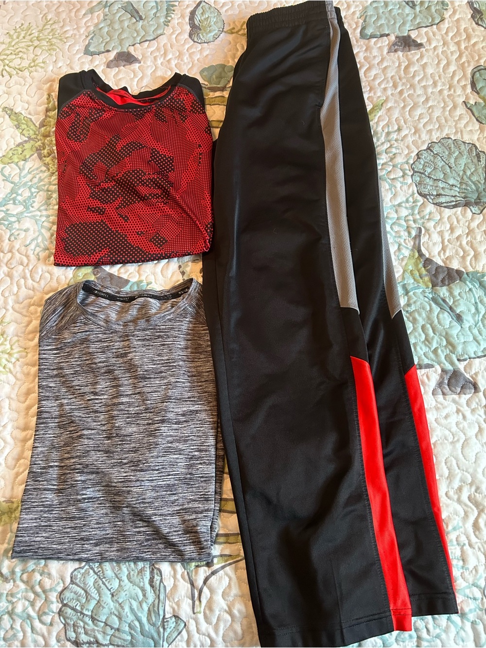 Boy's Black Athletic Track Pants with Red & Gray Accents & two shirts bundle